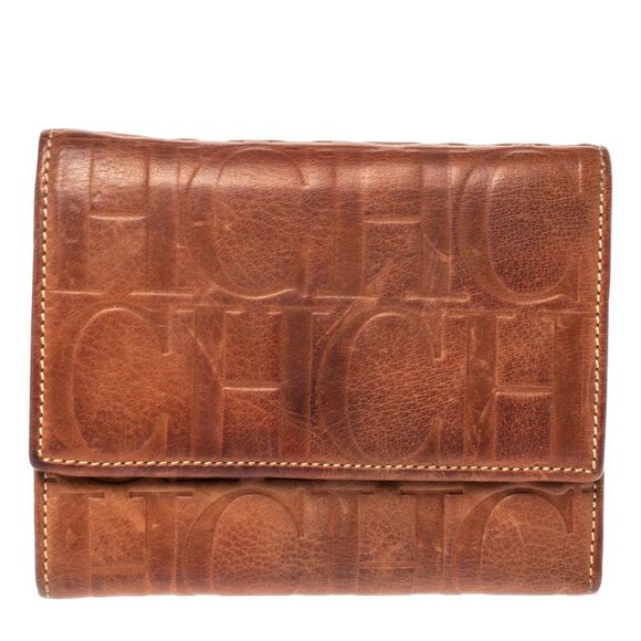 Carolina Herrera Brown Embossed Leather Trifold Compact Wallet - Picture 1 of 4